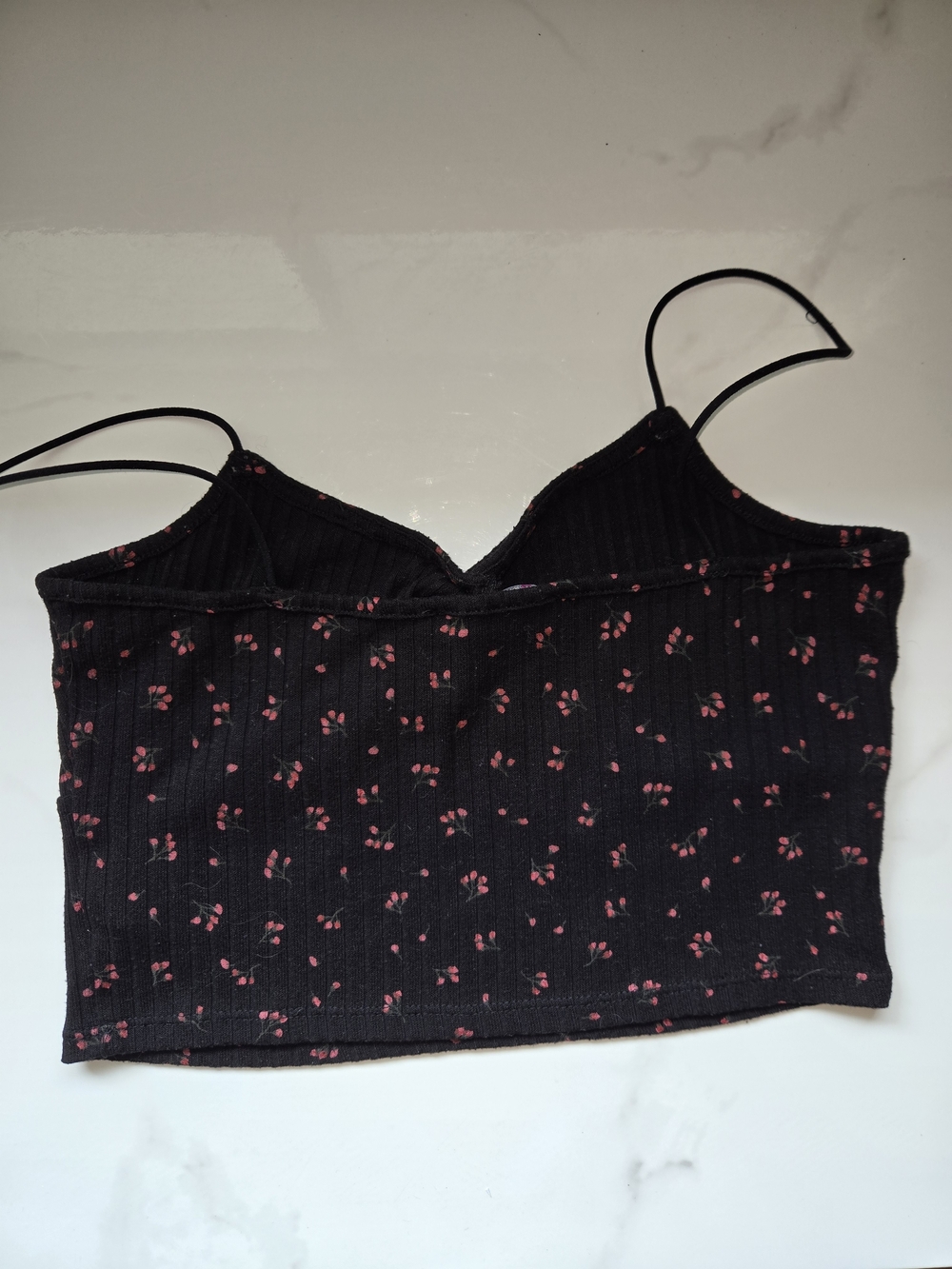 Black Floral Ribbed Crop Cami with Pink Print - Picture 3 of 5